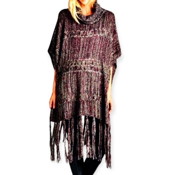 Cowl Neck Tassel Trim Knitted Poncho Cape NEW - Picture 2 of 4